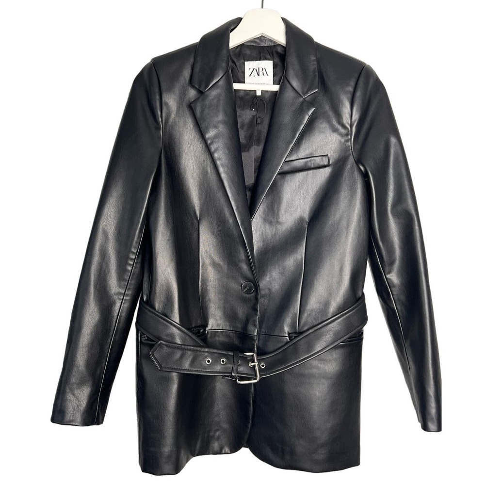 Zara Faux Leather Single Button Belted Blazer Jacket Black Women's Sz XS